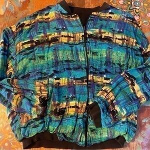 VINTAGE 1990s KNITTED ABSTRACT PATTERNED BOMBER JACKET SIZE LARGE